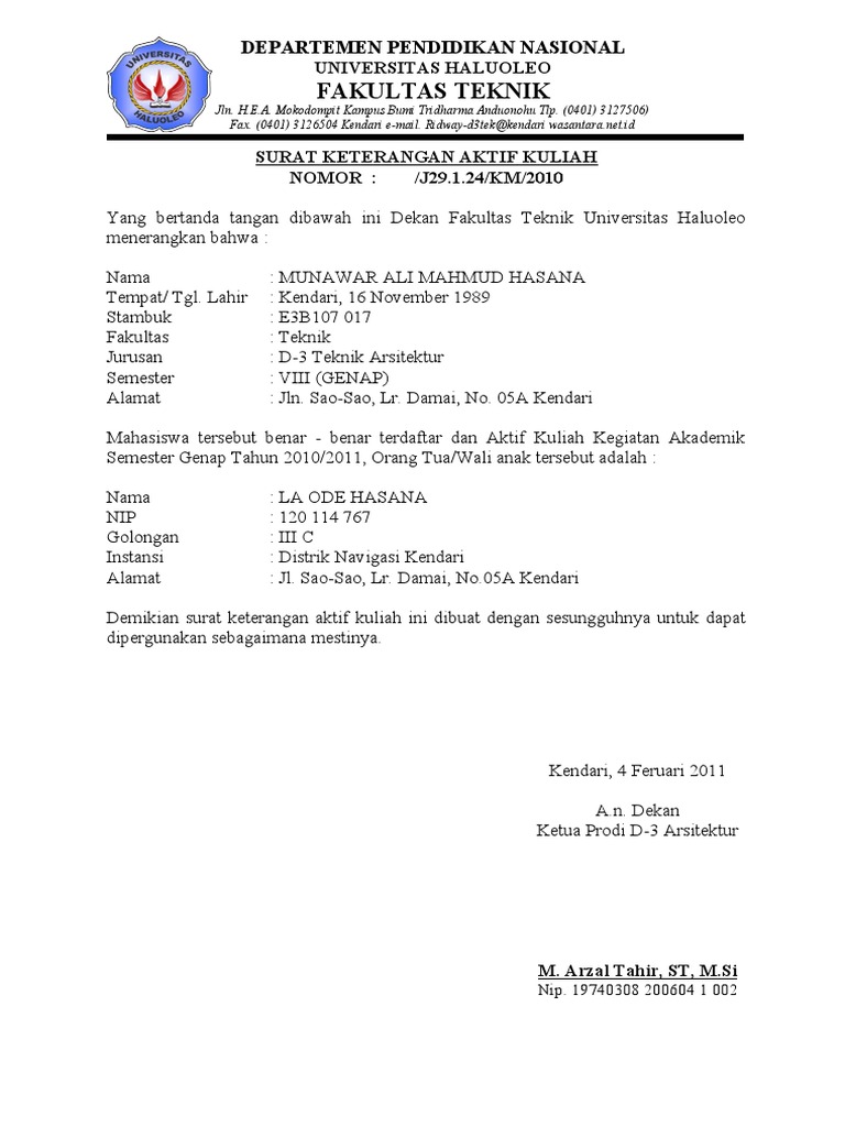 Contoh Surat Aktif Kuliah Unja