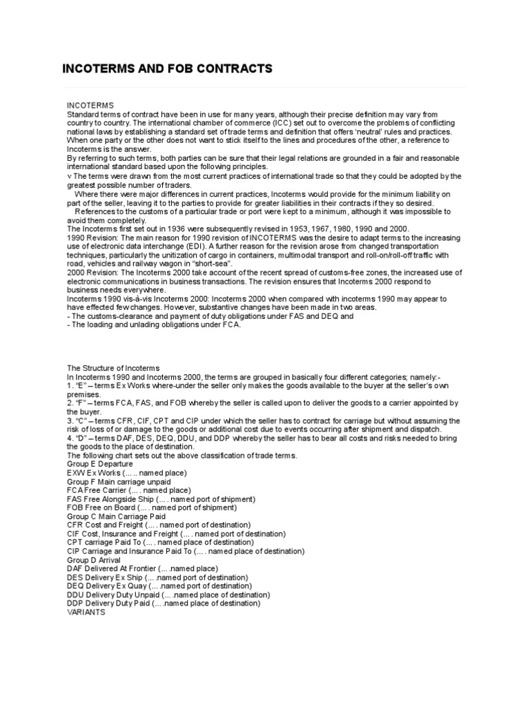 Incoterms and Fob Contracts | PDF | Bill Of Lading | Trade