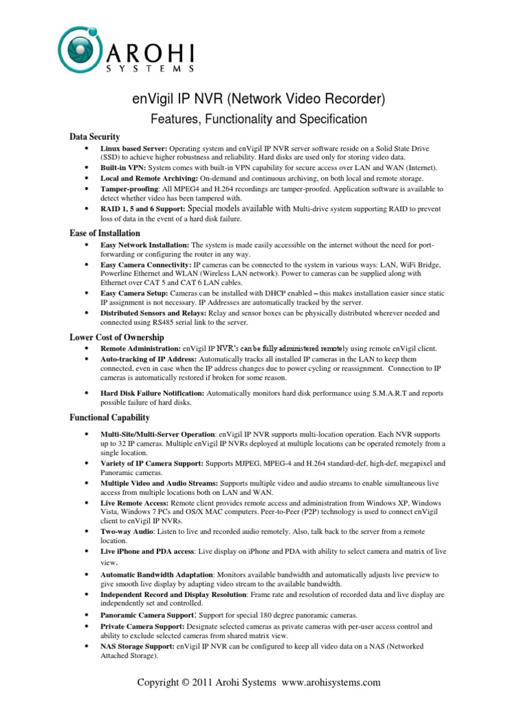 EnVigil VMS NVR TechSpec | Wireless Lan | Computer Network