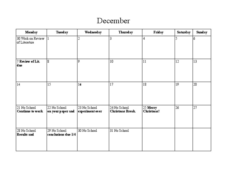 December Academic Calendar Overview | PDF