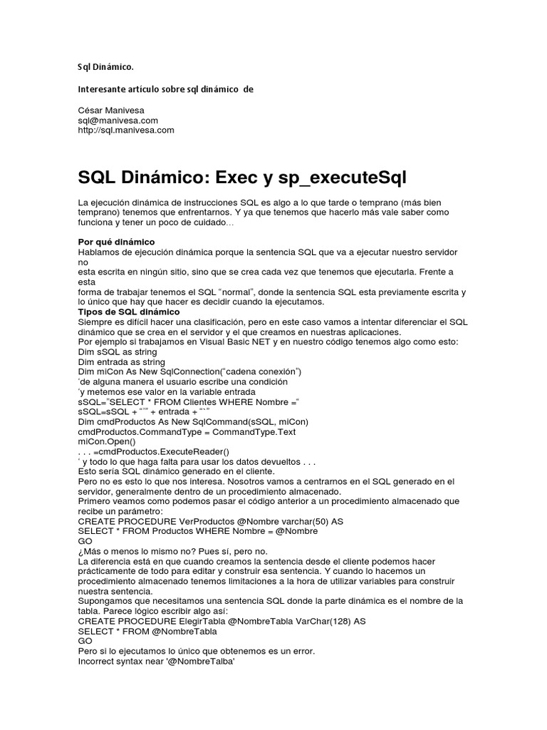 SQL Dinámico: Exec vs sp_executesql | PDF | SQL | Servidor SQL de Microsoft