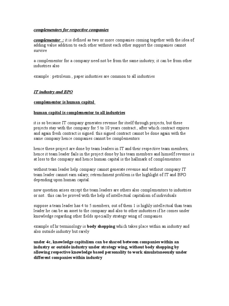 Complementors For Respective Companies Complementor: It Is Defined As ...