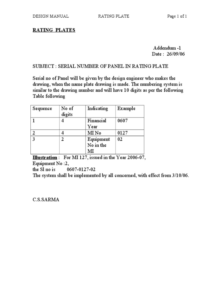 Rating Plate Serial Number Guidelines | PDF | Technology & Engineering