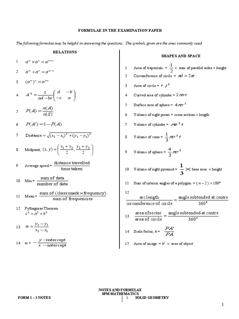 Essential Math Formulae for Exams | PDF | Teaching Methods & Materials
