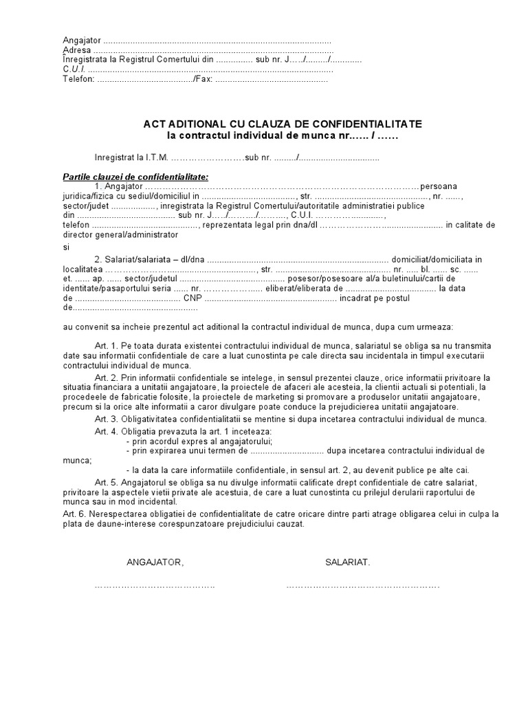Act Aditional Cu Clauza De Confidentialitate Model