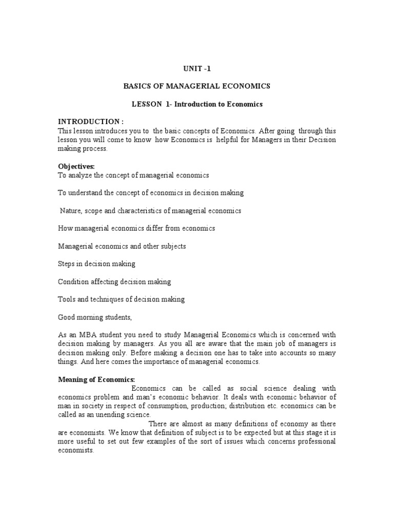 Unit - 1 Basics of Managerial Economics LESSON 1-Introduction To ...
