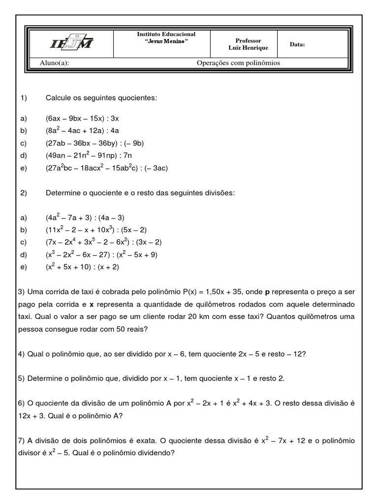 Exercícios de Divisão de Polinômios 8º Ano | PDF | Matemática elementar ...