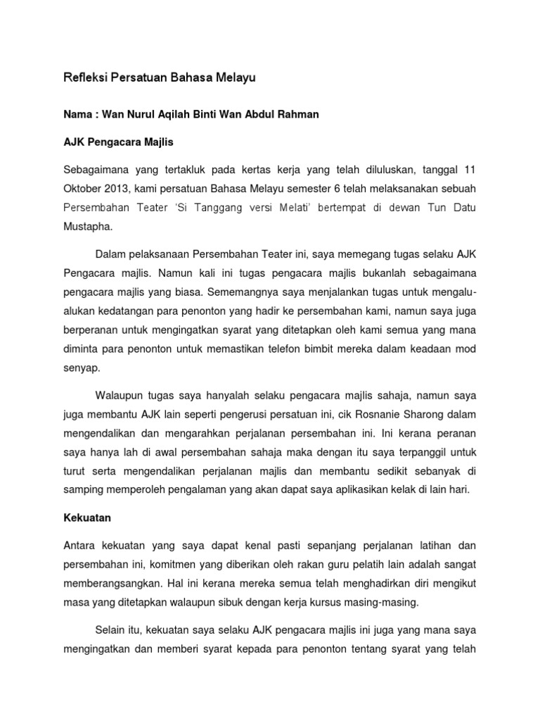 Refleksi Persatuan Bahasa Melayu Pdf