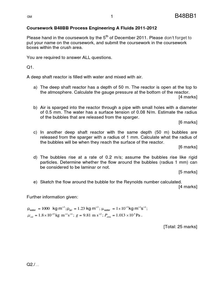 Fluids B48BB1 Coursework 2011-2012 | PDF