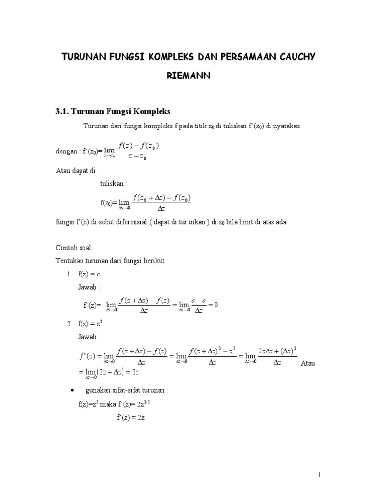 Turunan Fungsi Kompleks Dan Persamaan Cauchy Riemann