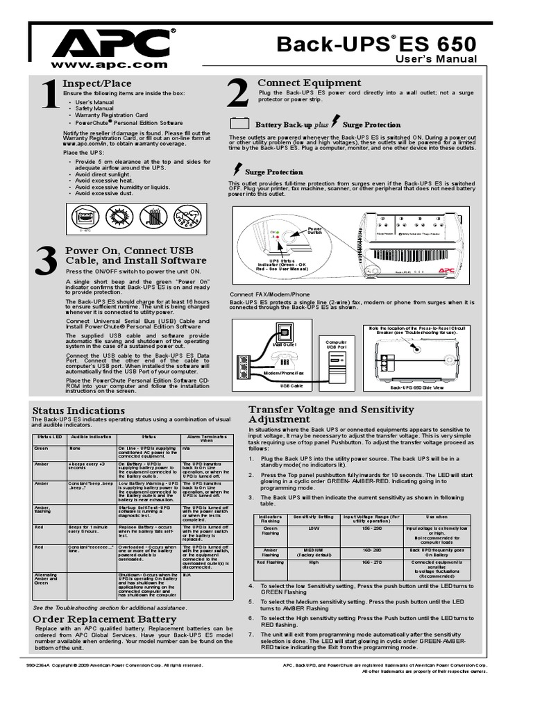 APC ES-650 UPS Manual | Usb | Alternating Current