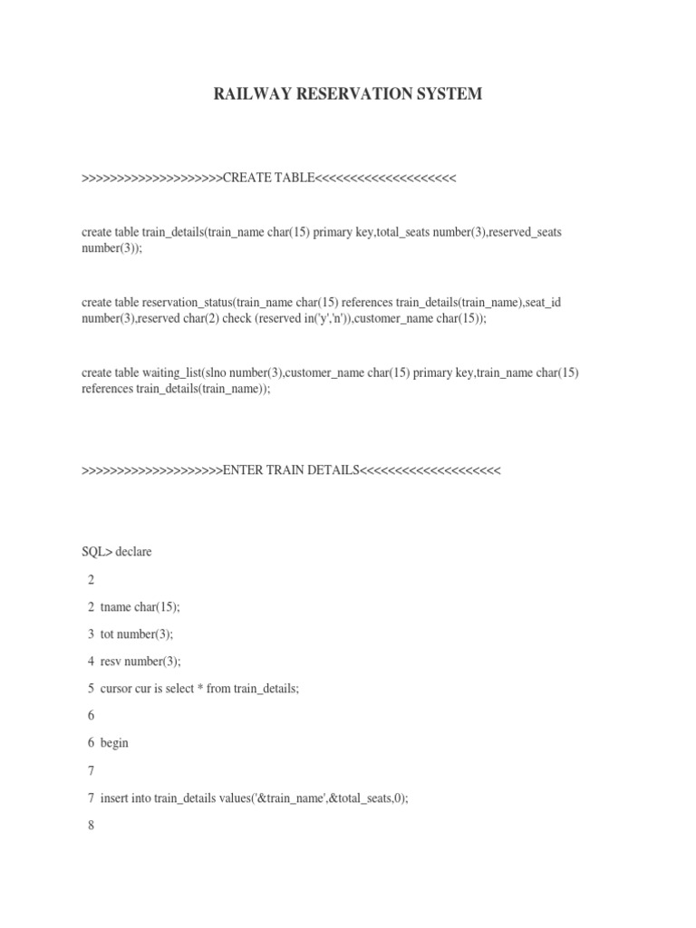 Railway Reservation System SQL Guide | PDF | Pl/Sql | Sql