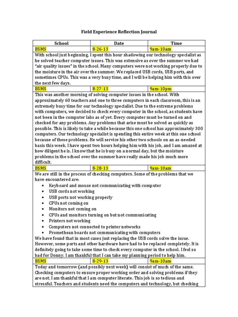 Field Experience Weekly Journal Teachers Secondary School Free 30