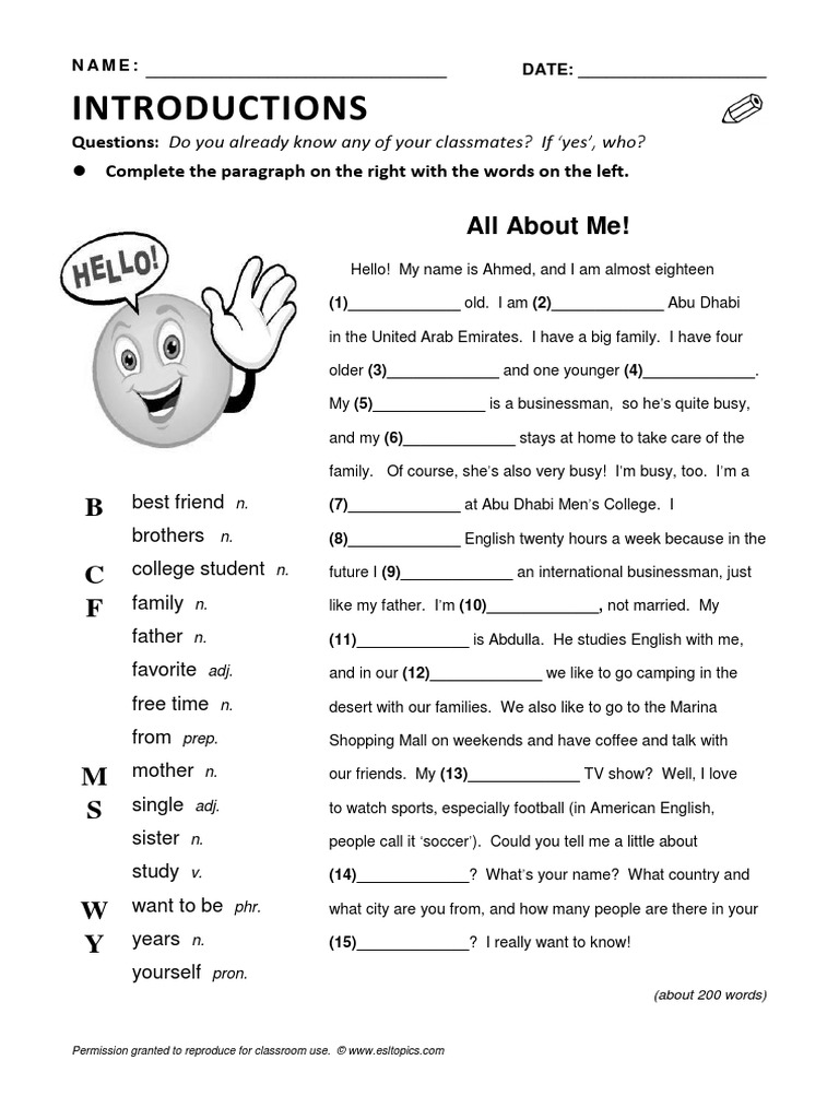 13 Esl Topics Word Bank Introductions Easy | PDF