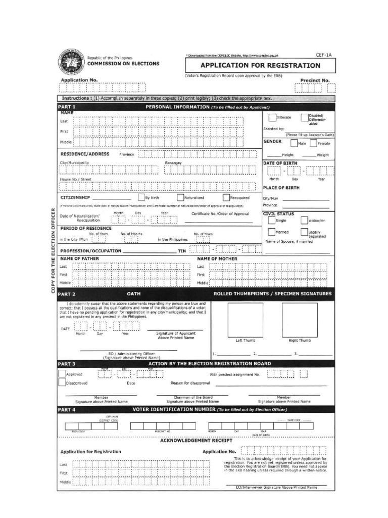 COMELEC Registration Form for New Voters Elections Voting