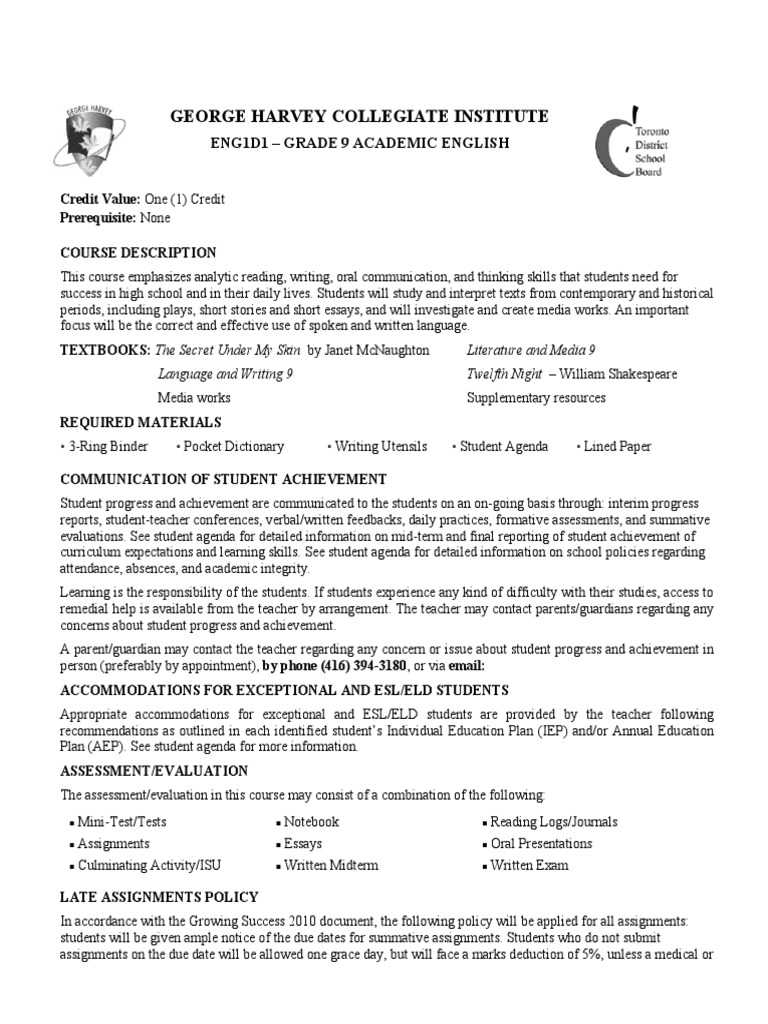 Eng1d Course Outline For September 2013 | PDF | Educational Assessment ...
