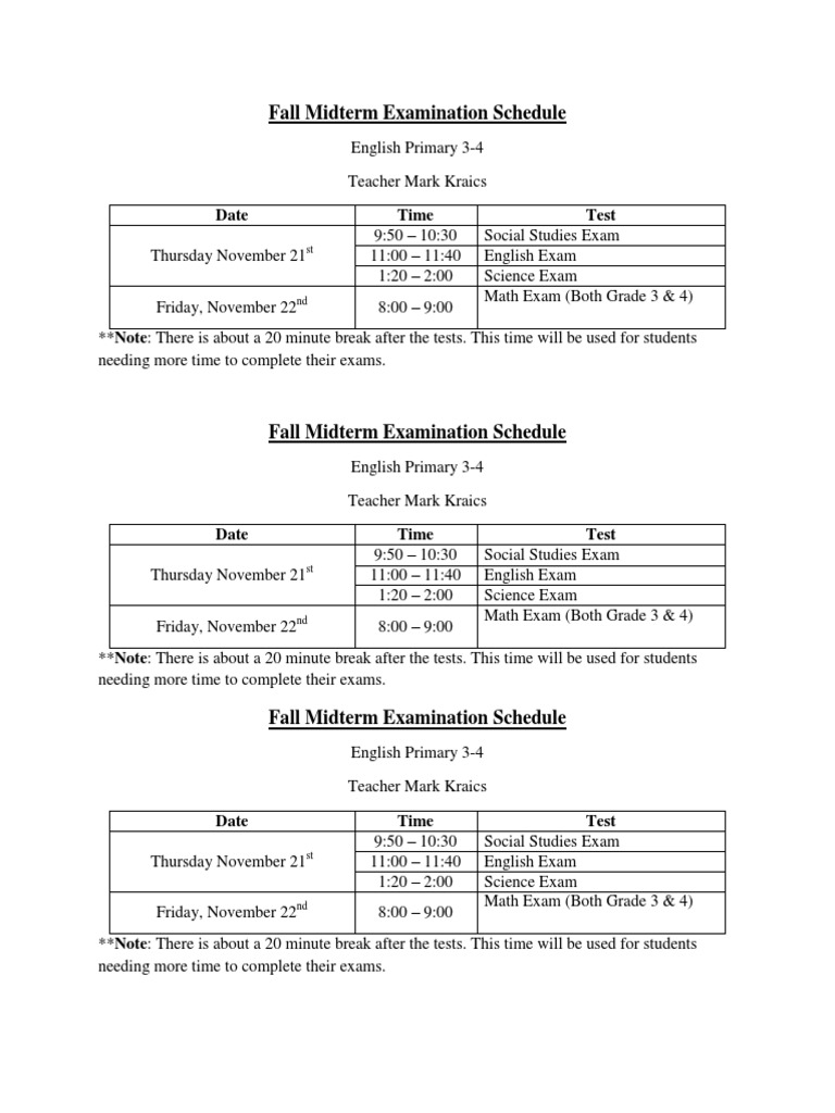 Primary 3-4 Fall Exam Schedule | PDF