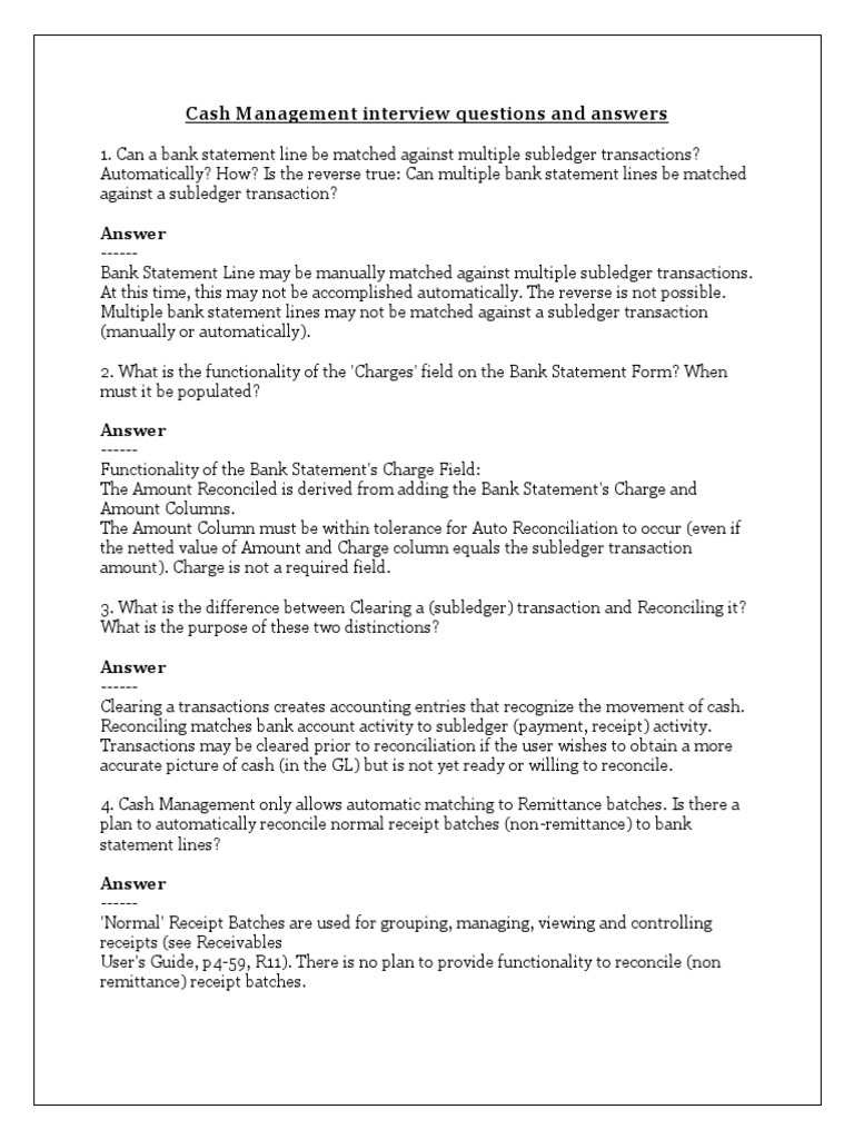 Cash Management Interview Questions and Answers PDF Spreadsheet