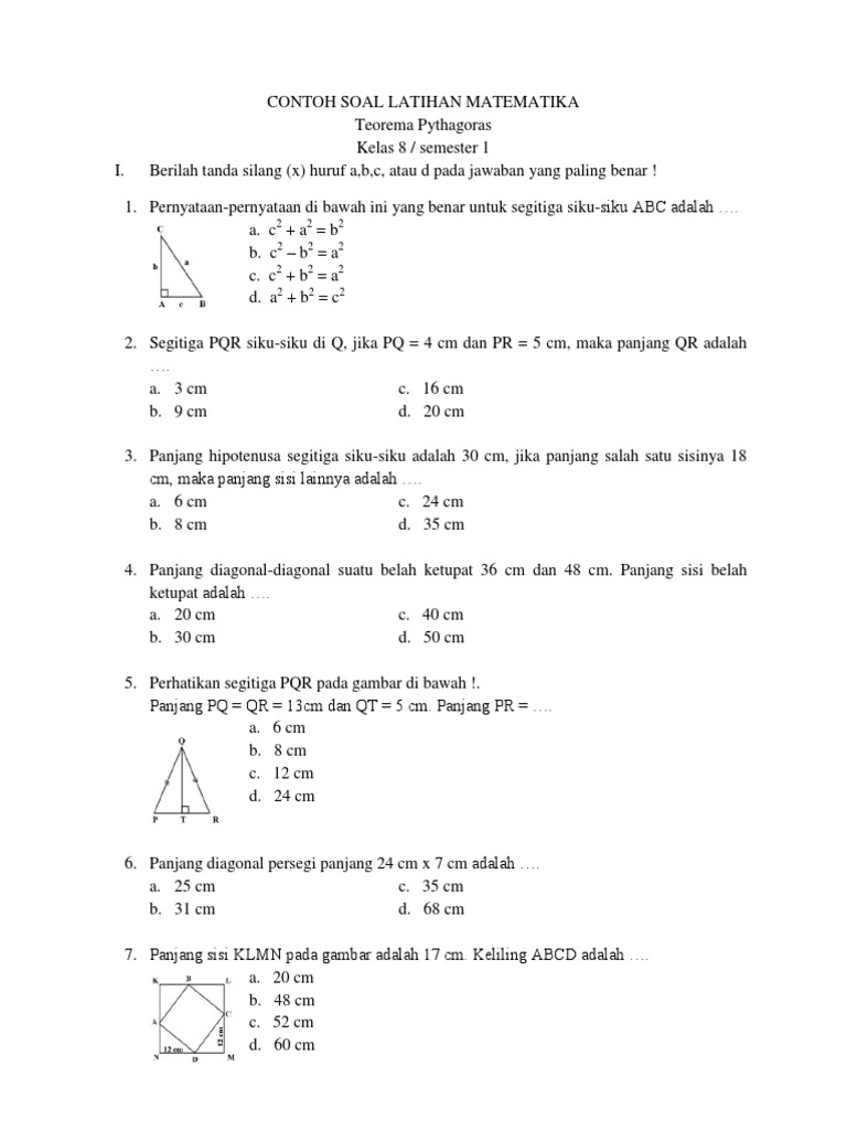 Contoh Soal Matematika Kelas 8 Materi Phytagoras