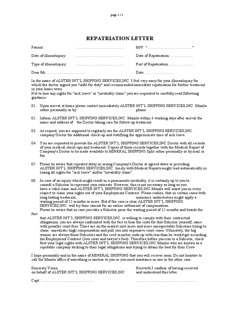 Repatriation Letter