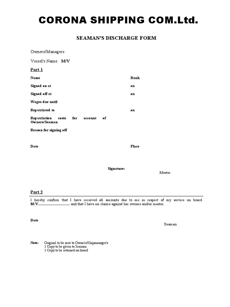 Seaman's Discharge Form Template | PDF
