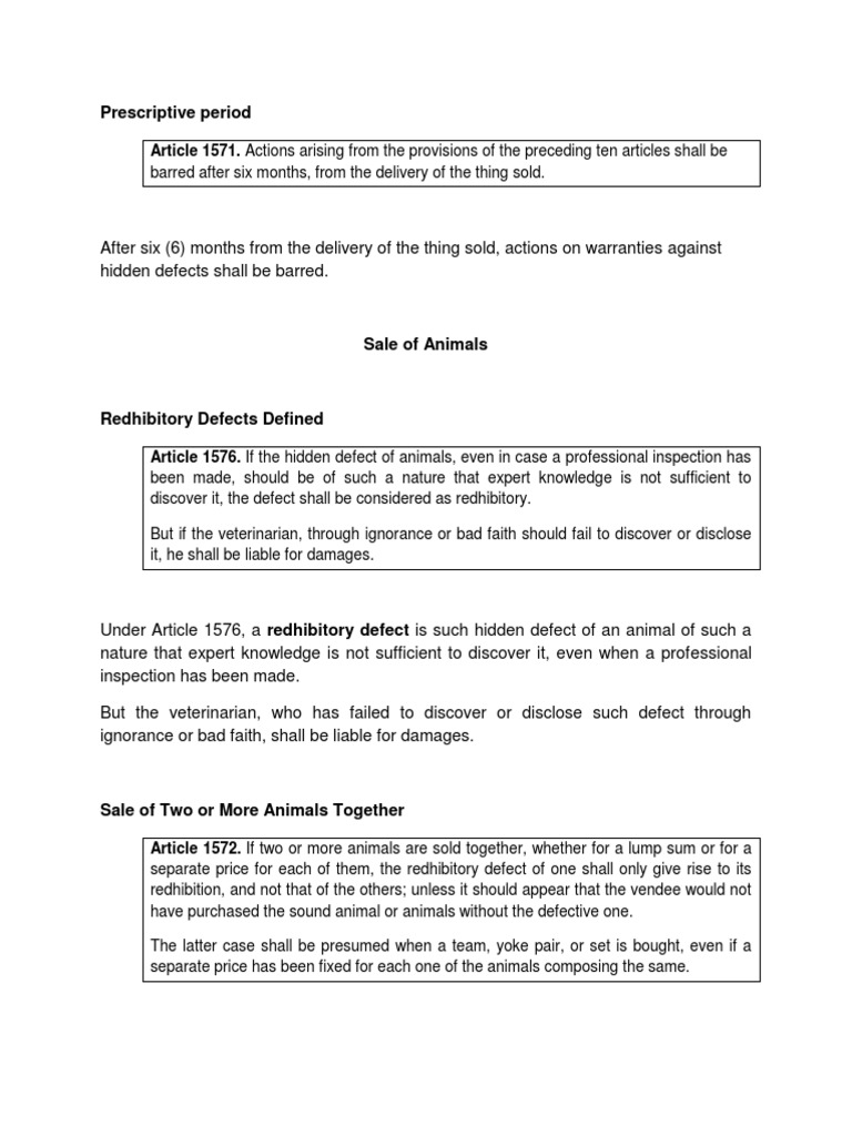 Rules on Warranties Against Hidden Defects and Remedies for Redhibitory