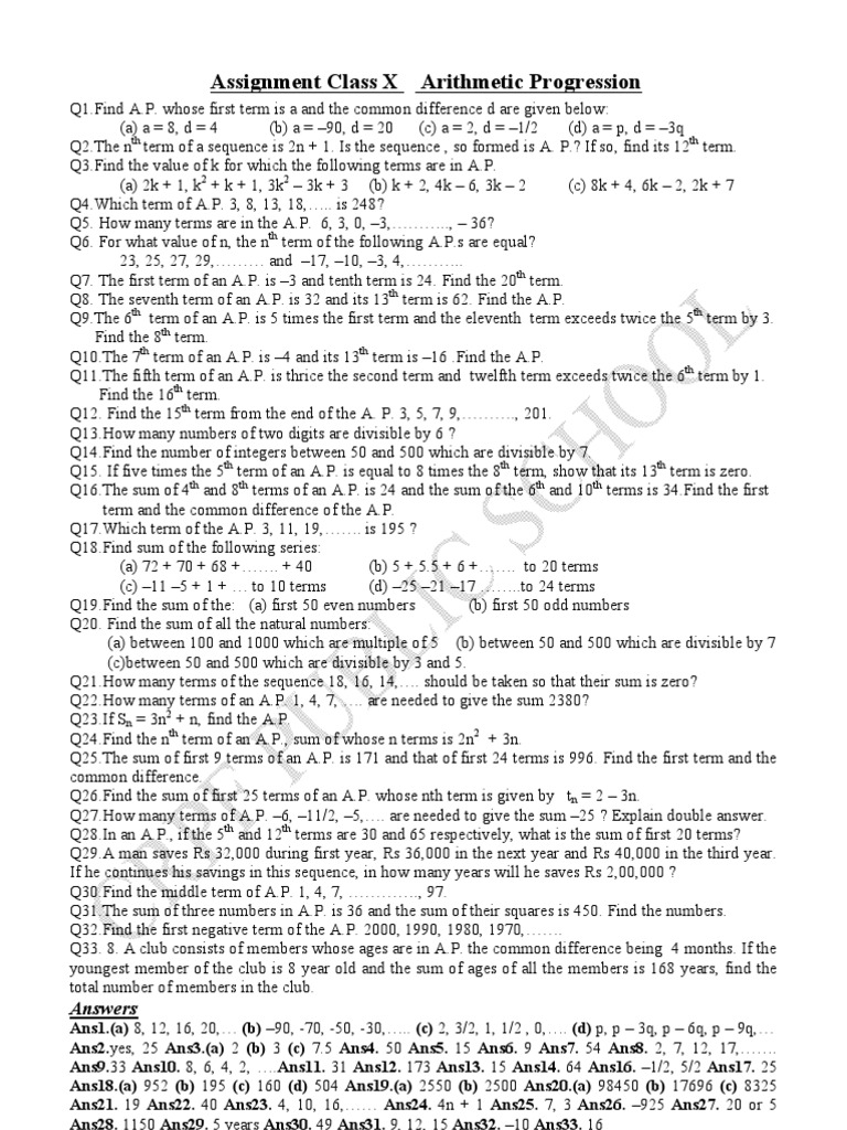 Class 10 Arithmetic Progression Assignment | PDF | Mathematical ...