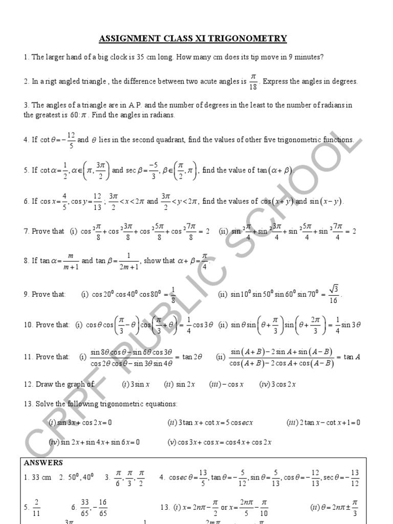 Xi Trigonometry Assignment Pdf Trigonometric Functions Sine