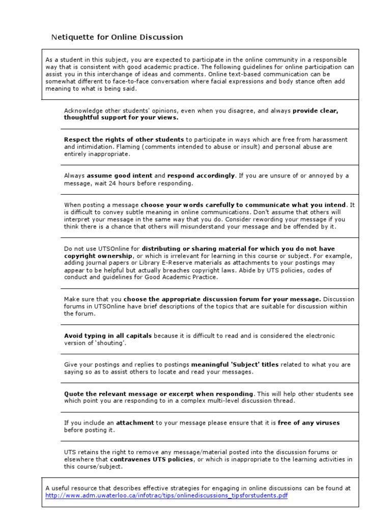 Netiquette For Online Discussion PDF Forum Conversation