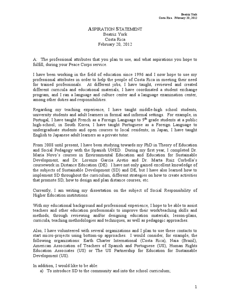 Peace Corps Aspiration Statement PDF