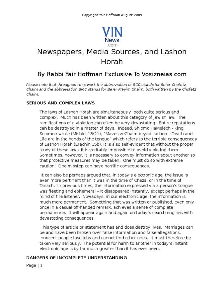 Lashon Horah By Rabbi Yair Hoffman Halakha News - 