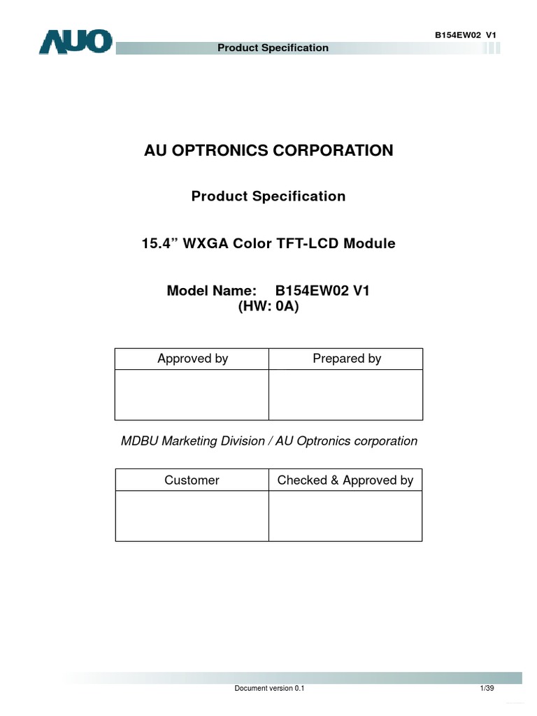 B154ew02 V1 | PDF | Thin Film Transistor Liquid Crystal Display ...