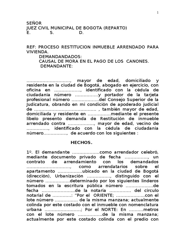 Demanda de Restitución de Inmueble Arrendado | PDF | Alquiler | Demanda ...