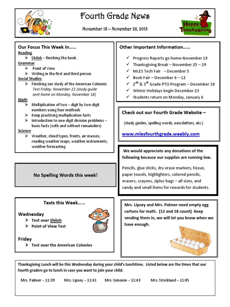 November 18 - November 22 Fourth Grade Newsletter | PDF | Wellness