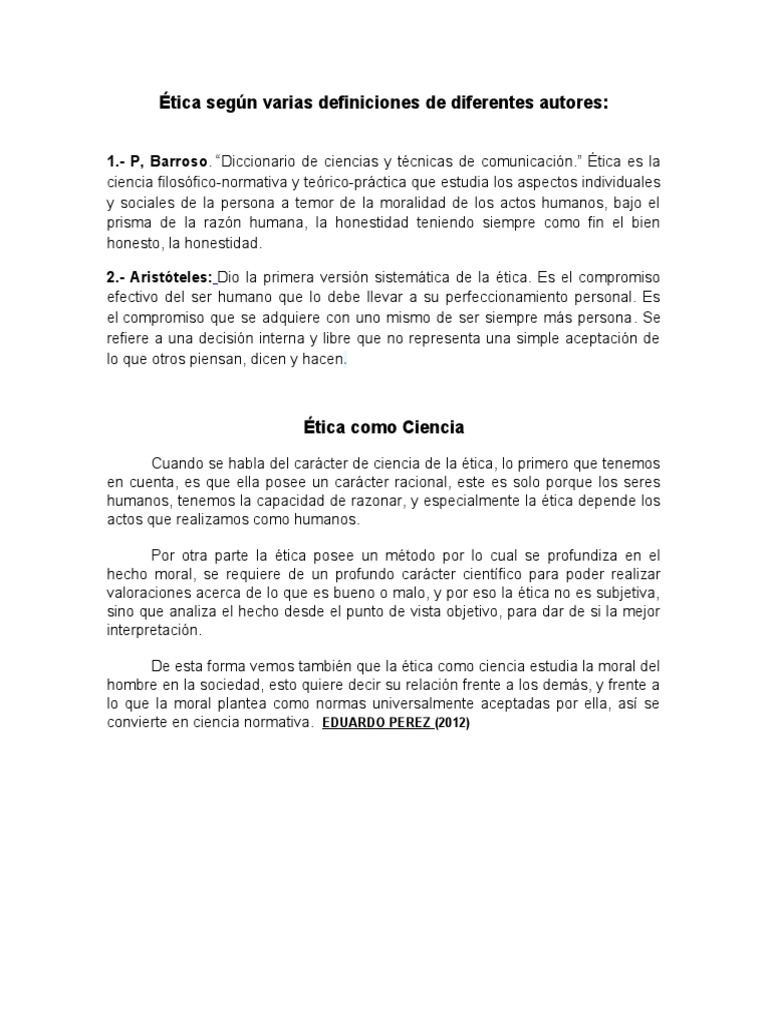Ética según varias definiciones de diferentes autores