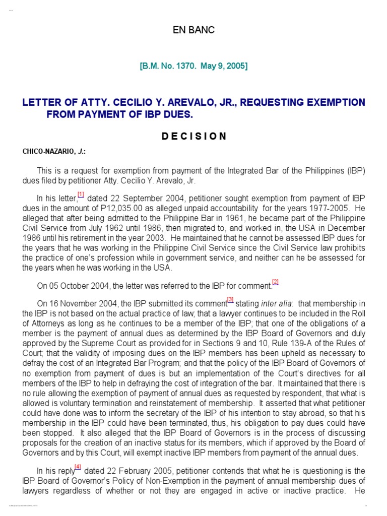 Letter of Arevalo JR Requesting Exemption From Payment of IBP Dues BM
