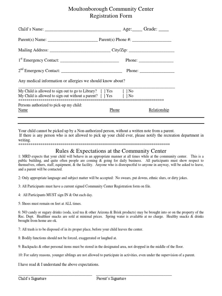 Moultonborough Community Center Registration Form Ge Grade PDF