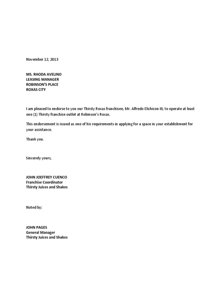 Endorsement Letter