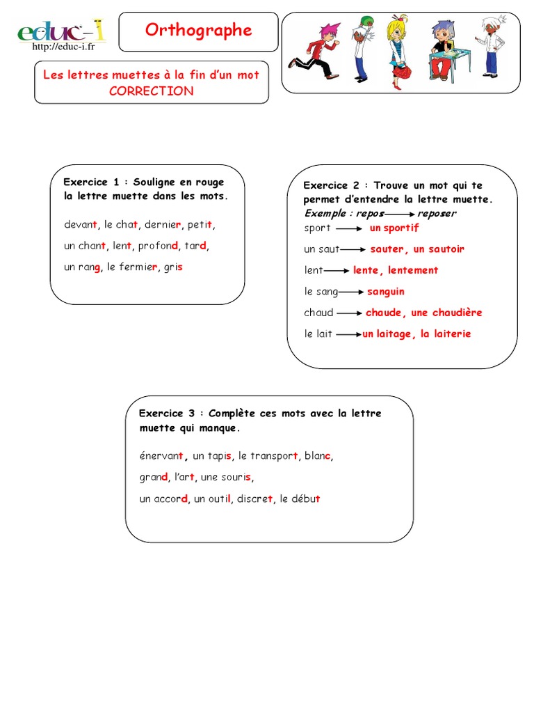 Les Lettres Muettes A La Fin Des Mots Correction