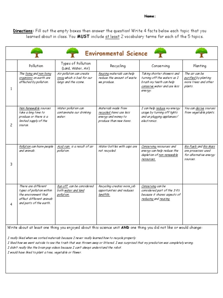 Environmental Science Worksheet | PDF | Home & Garden | Science ...
