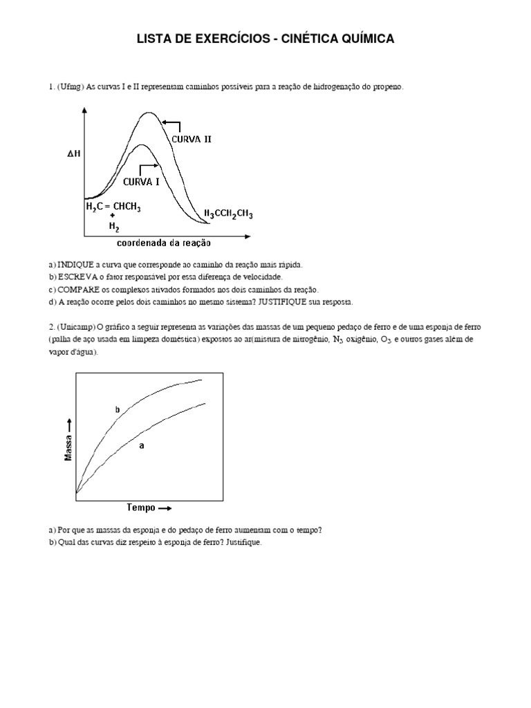 Lista de Exercícios Cinética Química | PDF | Cinética Química | Reações ...