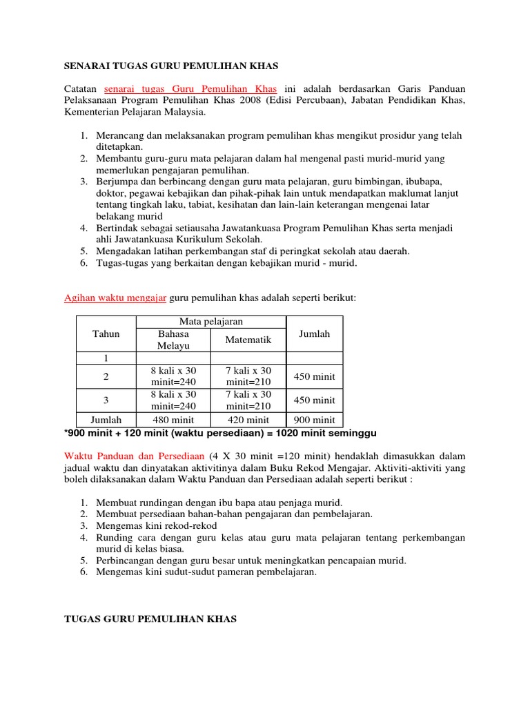 Senarai Tugas Guru Pemulihan Khas