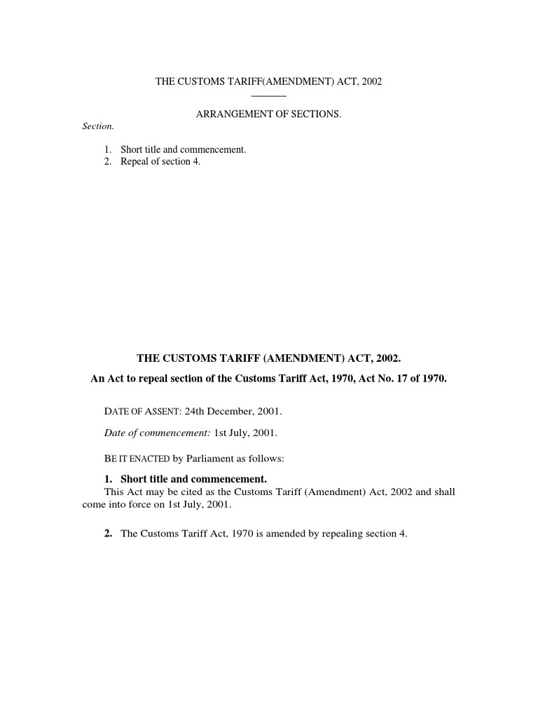Customs Tariff Amendment Act, 2002 | PDF