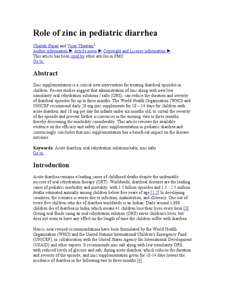 Role of Zinc in Pediatric Diarrhea PDF