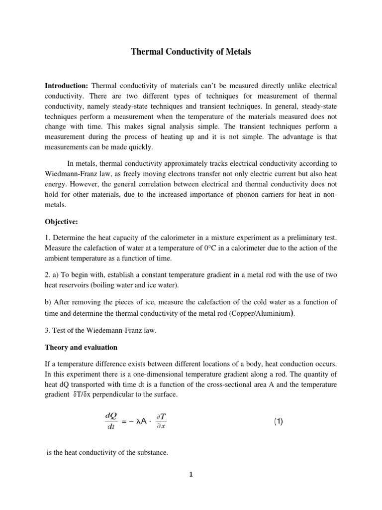 Thermal Conductivity Measurement in Metals | PDF | Thermal Conductivity ...