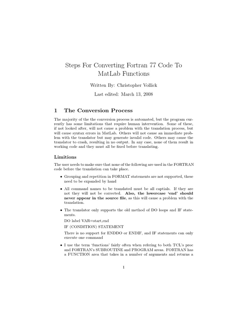 Fortran 77 to MATLAB Conversion Guide | PDF | Subroutine | Parameter ...