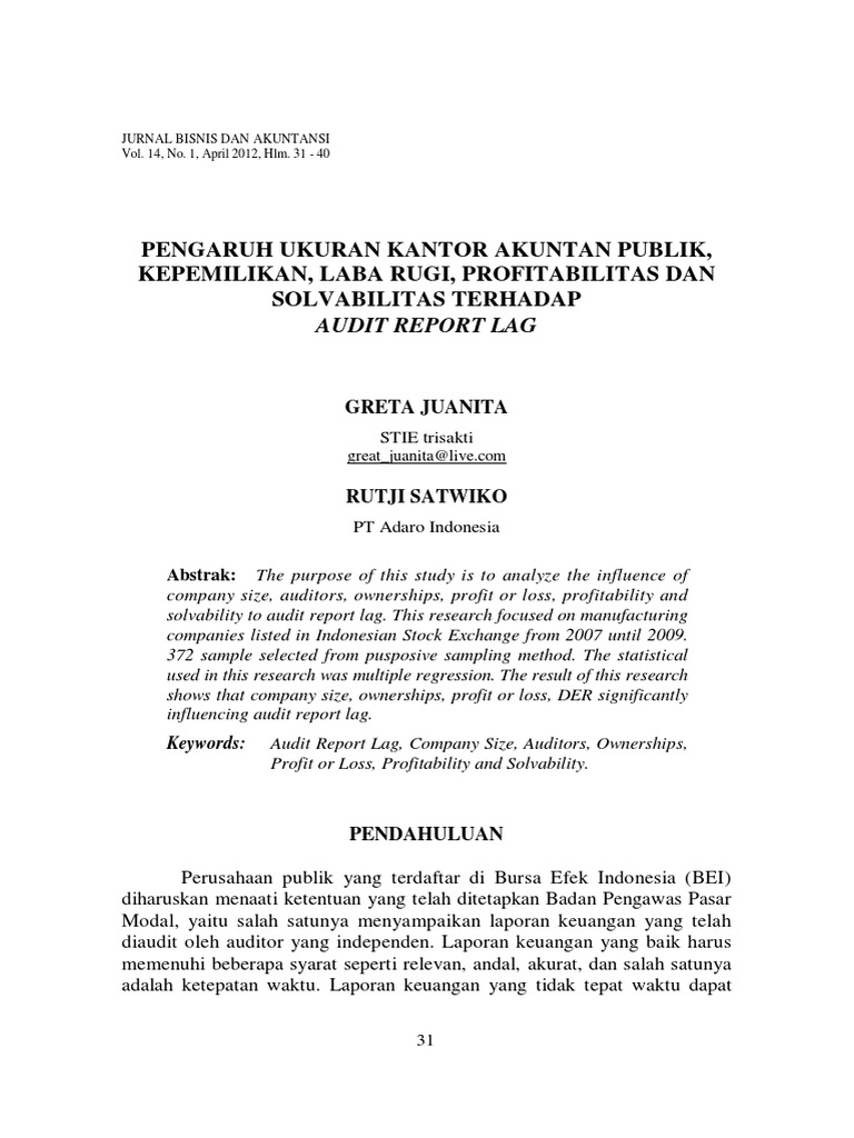 3 Pengaruh Ukuran Kantor Akuntan Publik Kepemilikan Laba Rugi Profitabilitas Dan Solvabilitas Terhadap Audit Report Lag