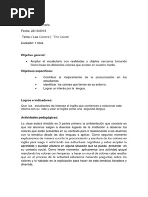 Plan De Clases Ingles Los Colores 1 Idioma En Inglés