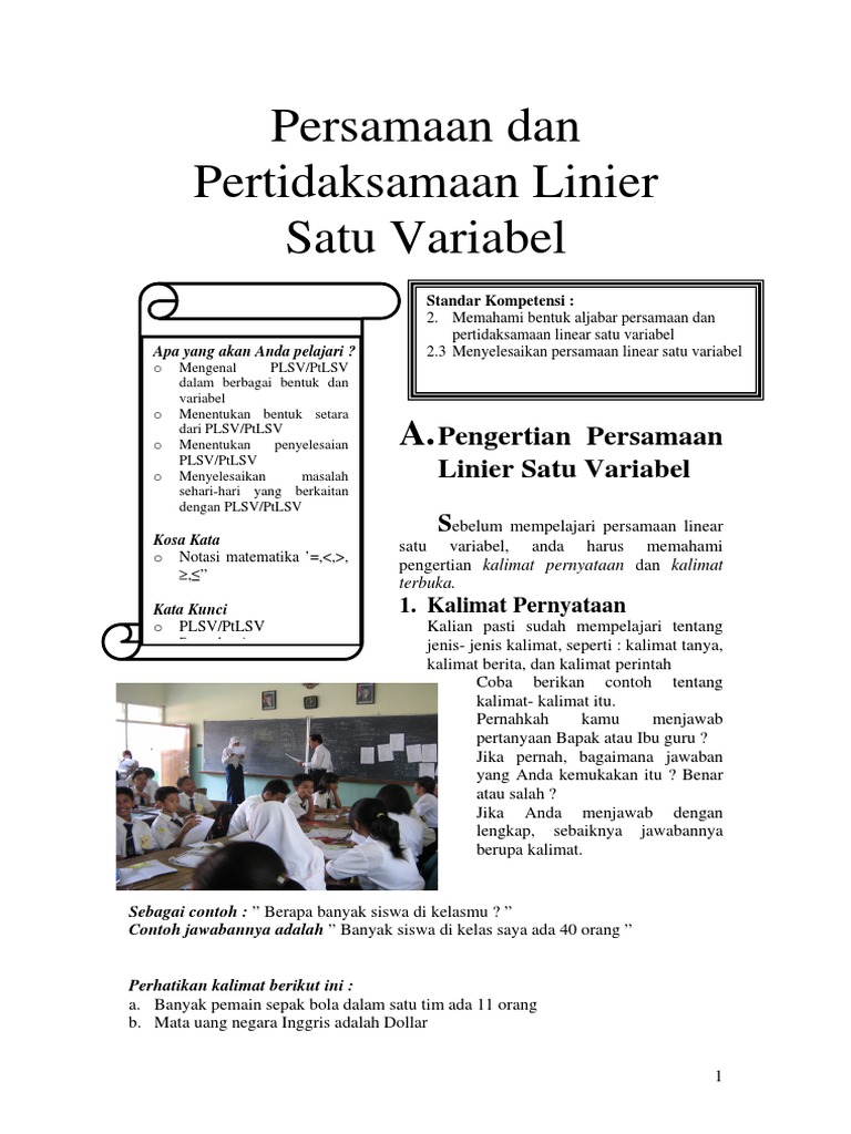 Bahan Ajar Persamaan Dan Pertidaksamaan Linear Satu Variabel