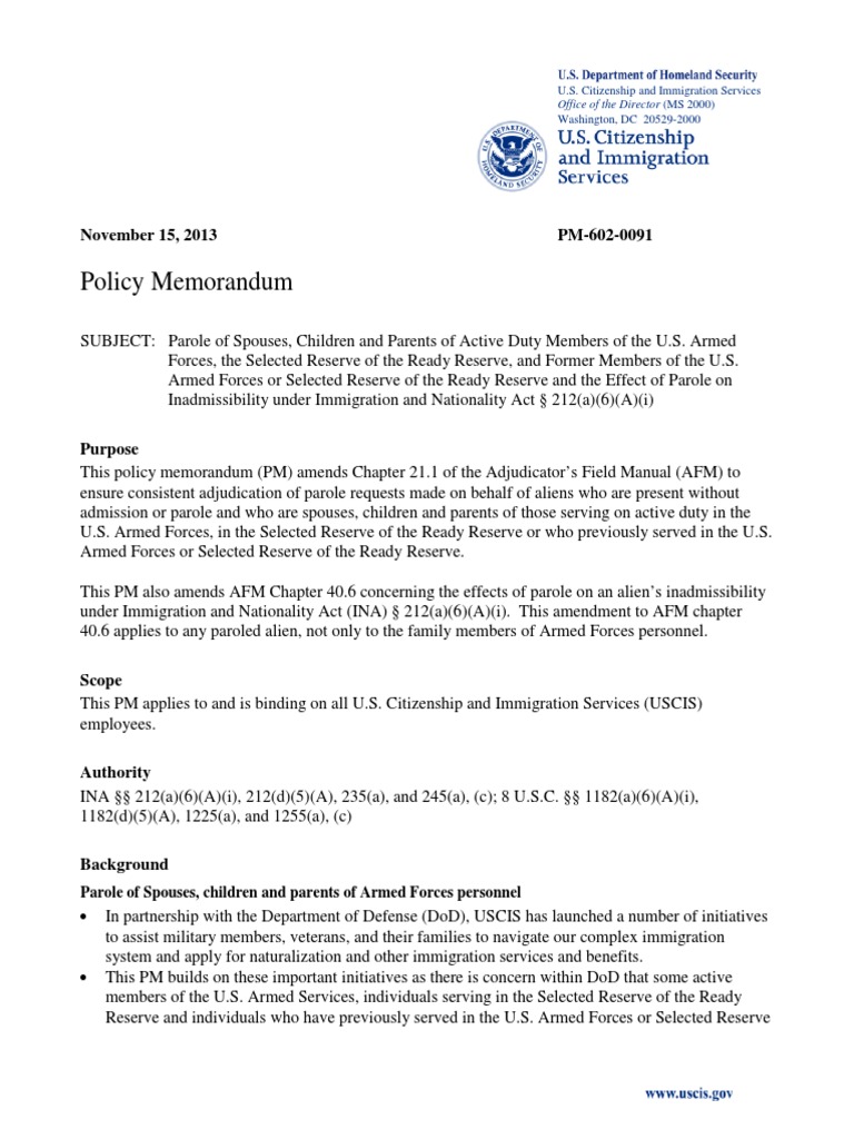 DHS 'ParoleinPlace Memo United States Citizenship And Immigration